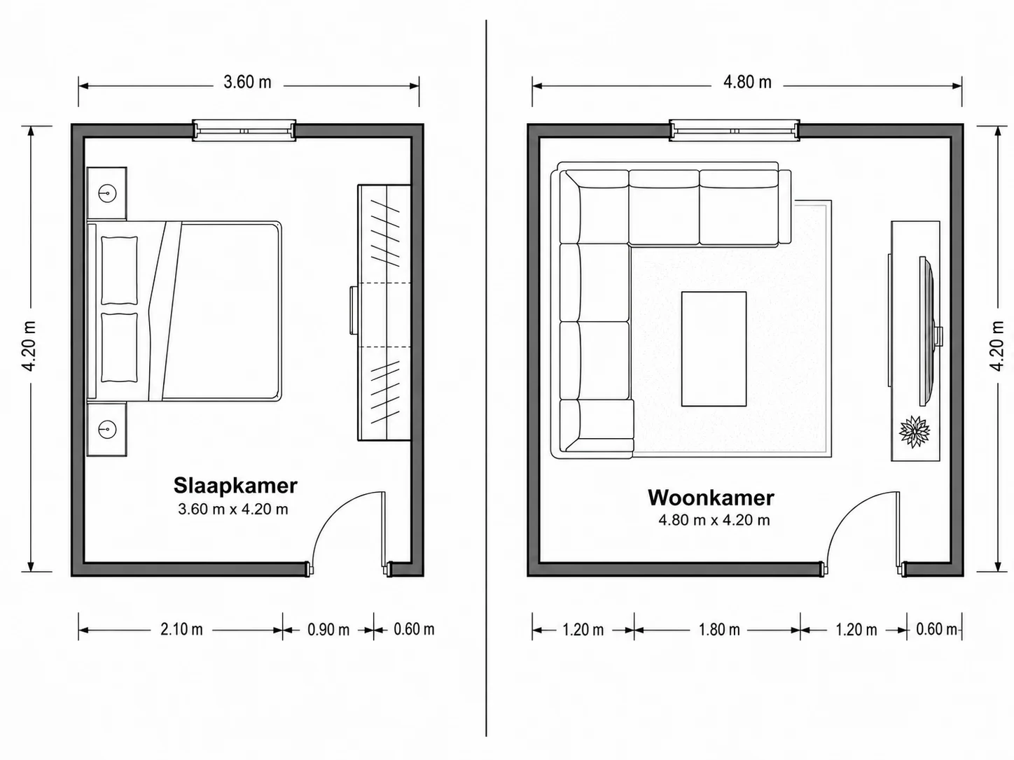 Kamerindeling getekend voor een slaapkamer en een woonkamer
