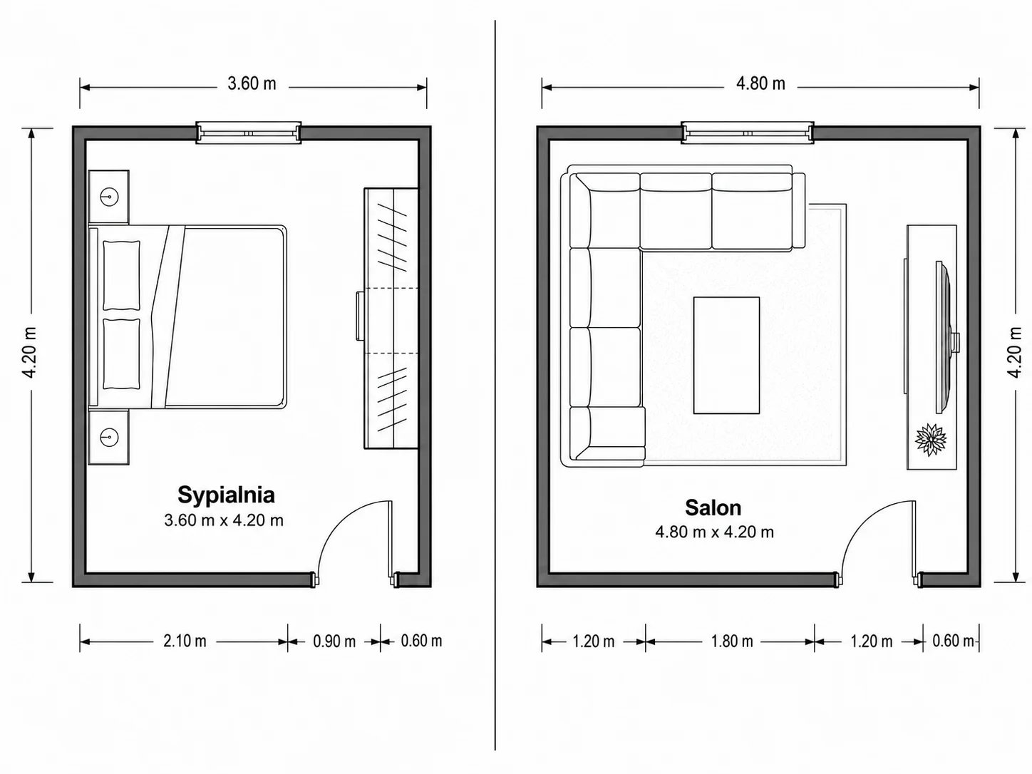 Układ pokoju rozrysowany dla sypialni i salonu