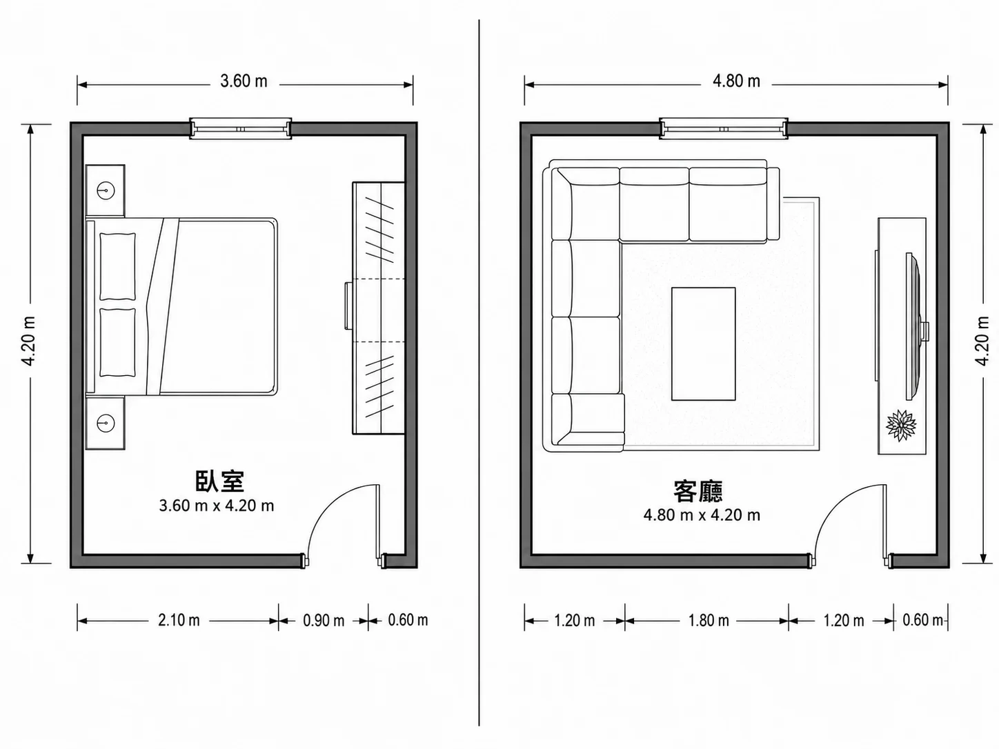 為臥室與客廳繪製的空間格局規劃圖