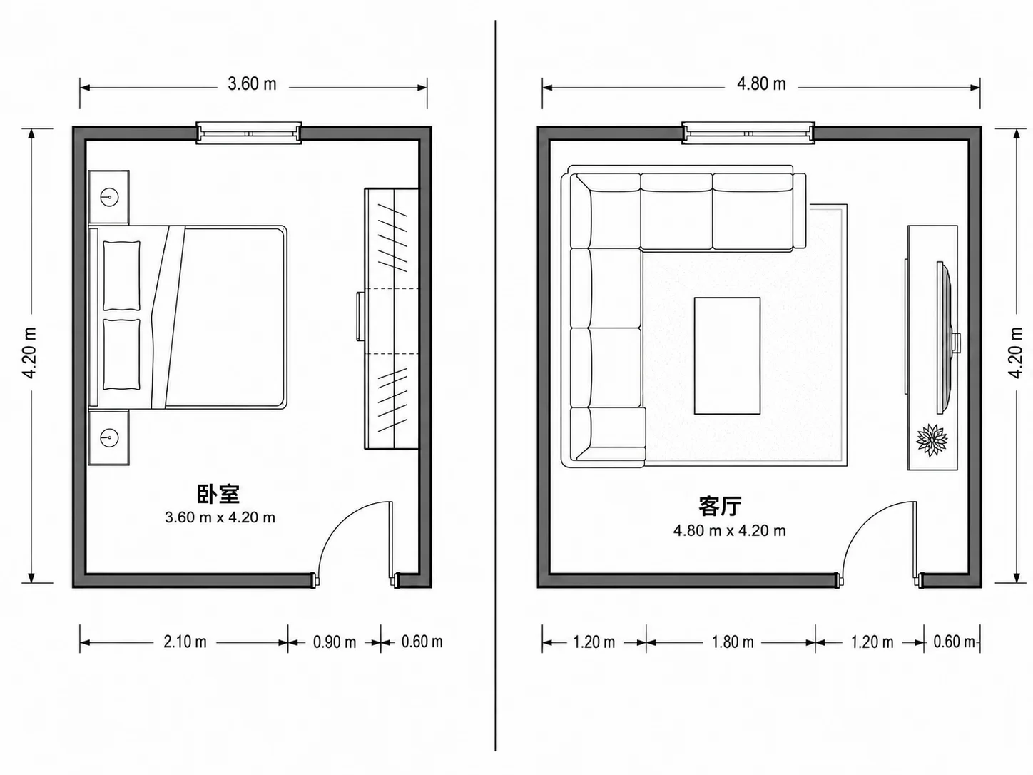 针对卧室和客厅绘制的房间平面布局图