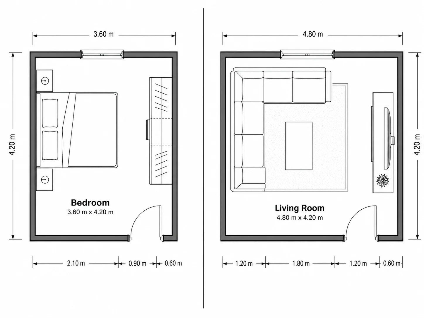 Room layout drawn for a bedroom and a living room