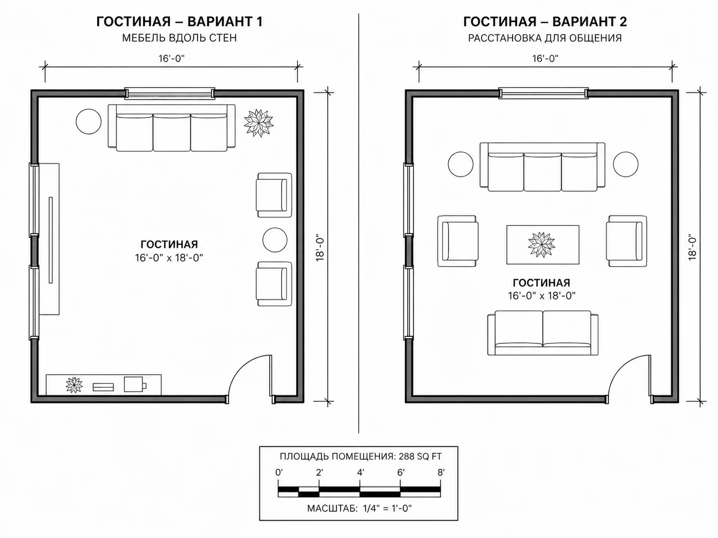 Сравнение двух вариантов расстановки мебели на плане комнаты
