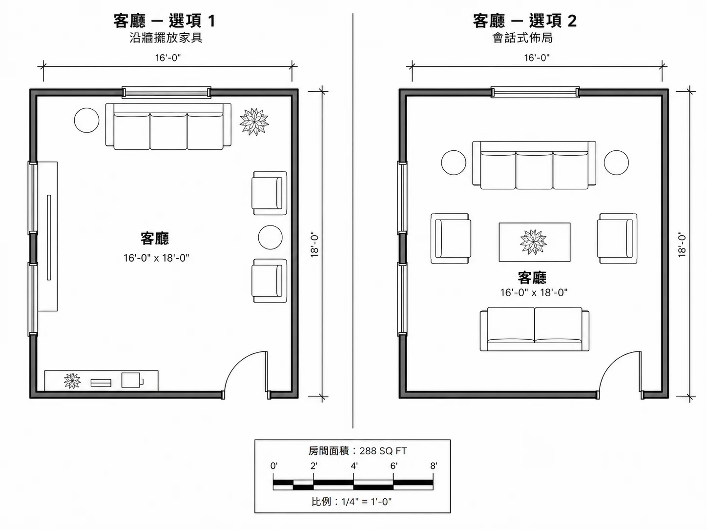 兩組家具配置方案的並排對比圖