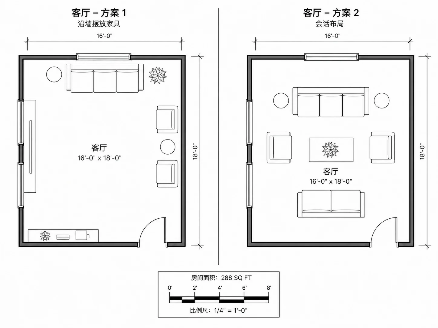 并排对比两种不同的家具摆放方案
