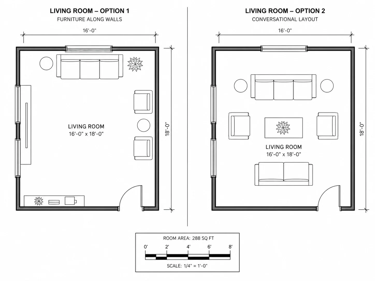 Two furniture arrangements compared side by side