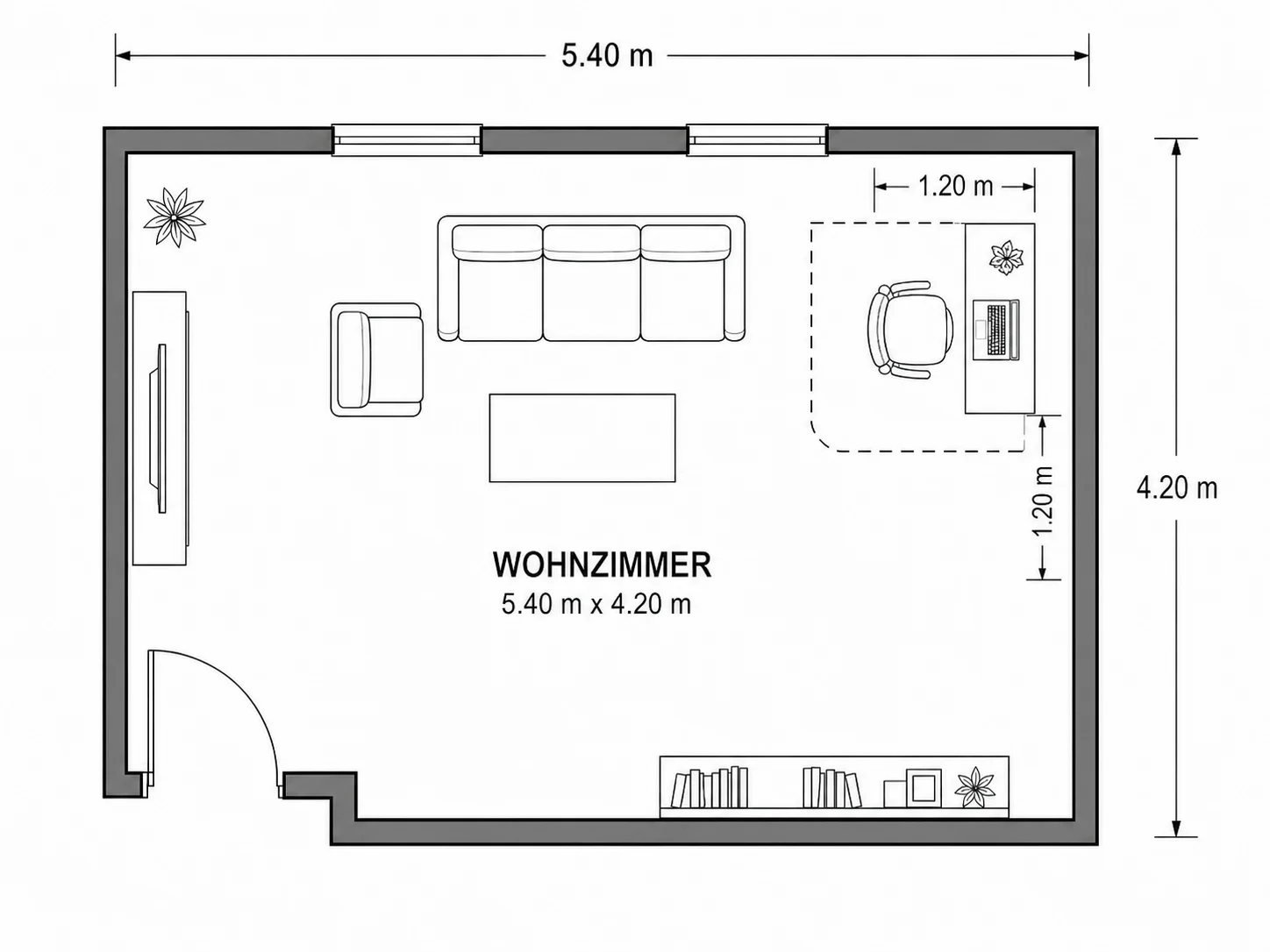 Schreibtisch für ein Homeoffice im Wohnzimmer-Grundriss eingerichtet