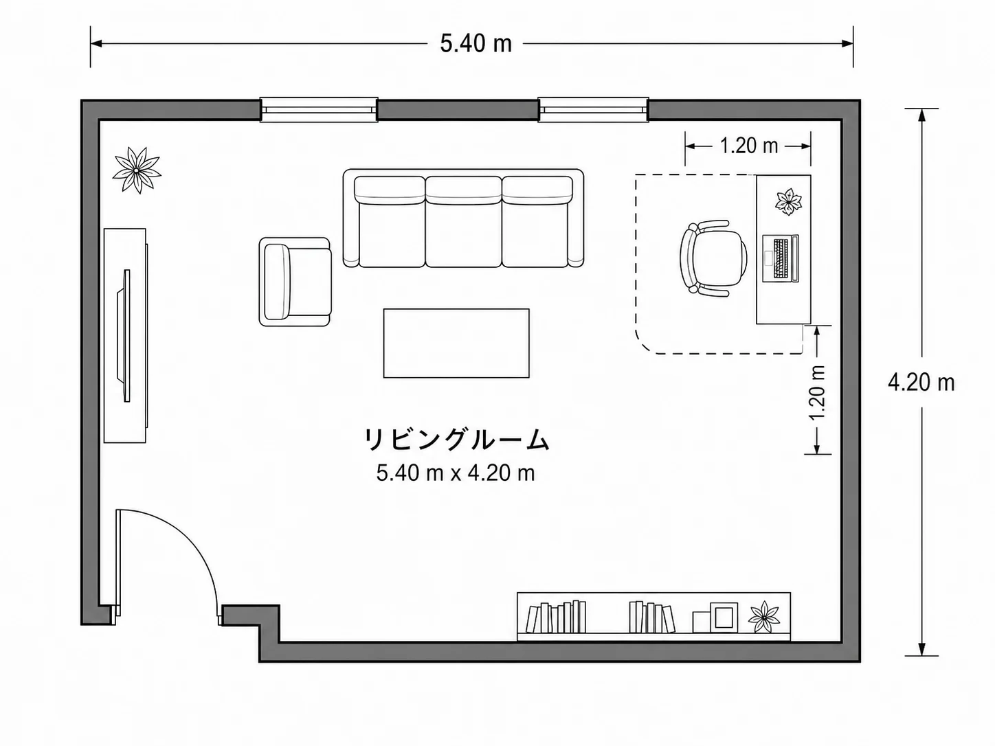 リビングの間取り内に配置されたワークデスクのレイアウト