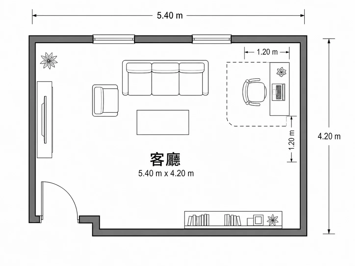 在客廳格局圖中規劃的居家辦公書桌配置