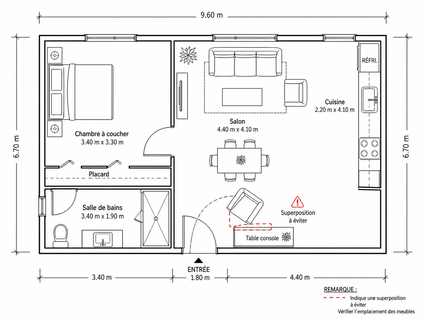Planificateur de pièce signalant un chevauchement de mobilier