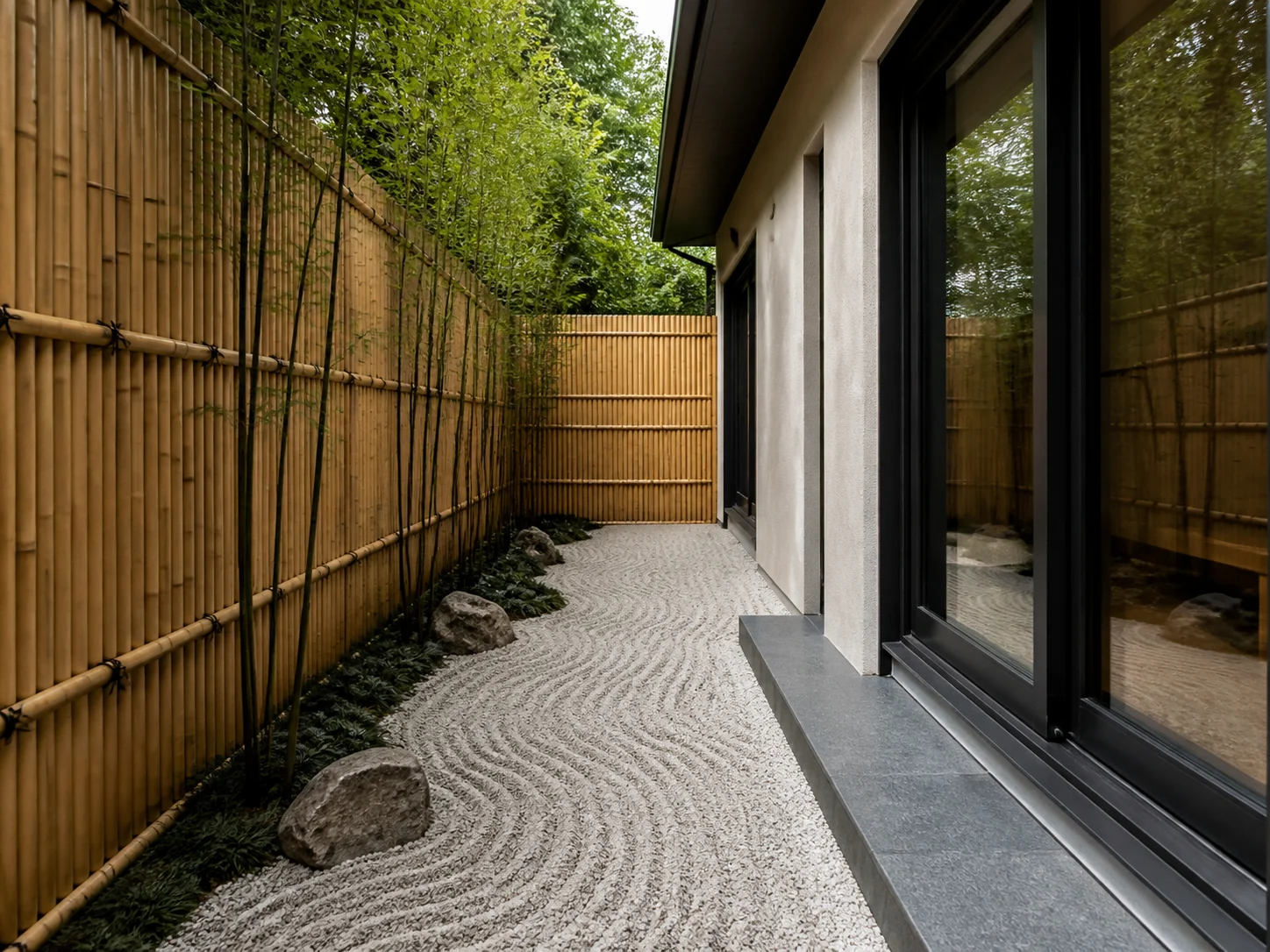 Zen side yard with raked gravel and bamboo screen