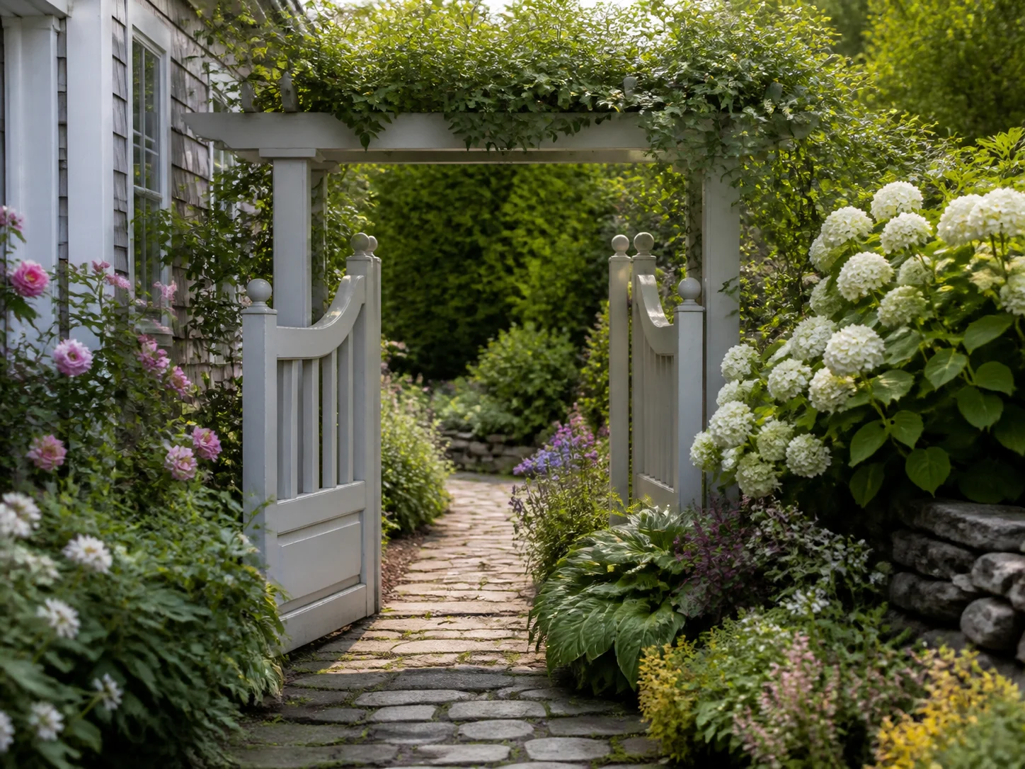Cottage side yard garden with stone path and garden gate