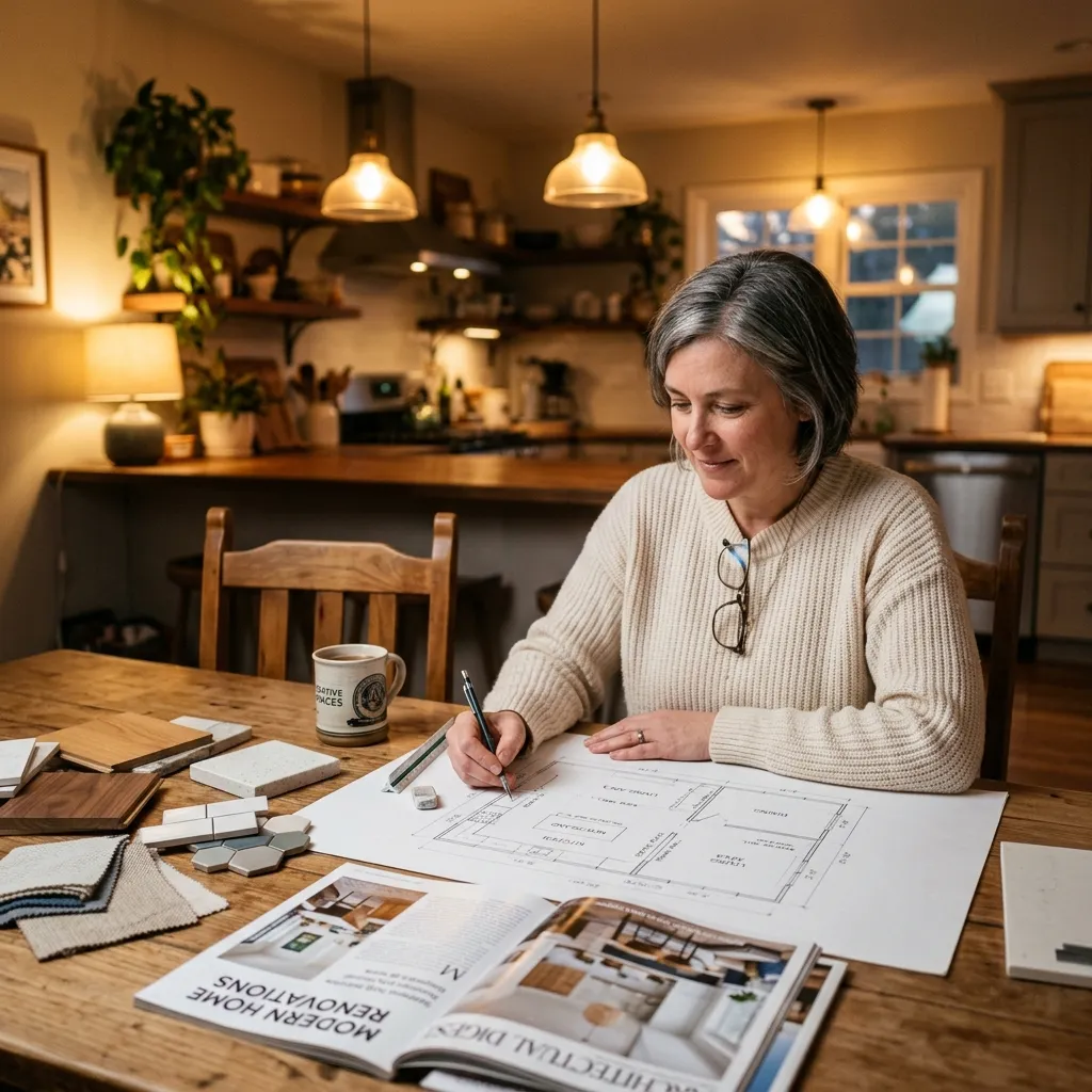 Proprietario di casa che schizza un layout di ristrutturazione sul tavolo della cucina con matita e carta