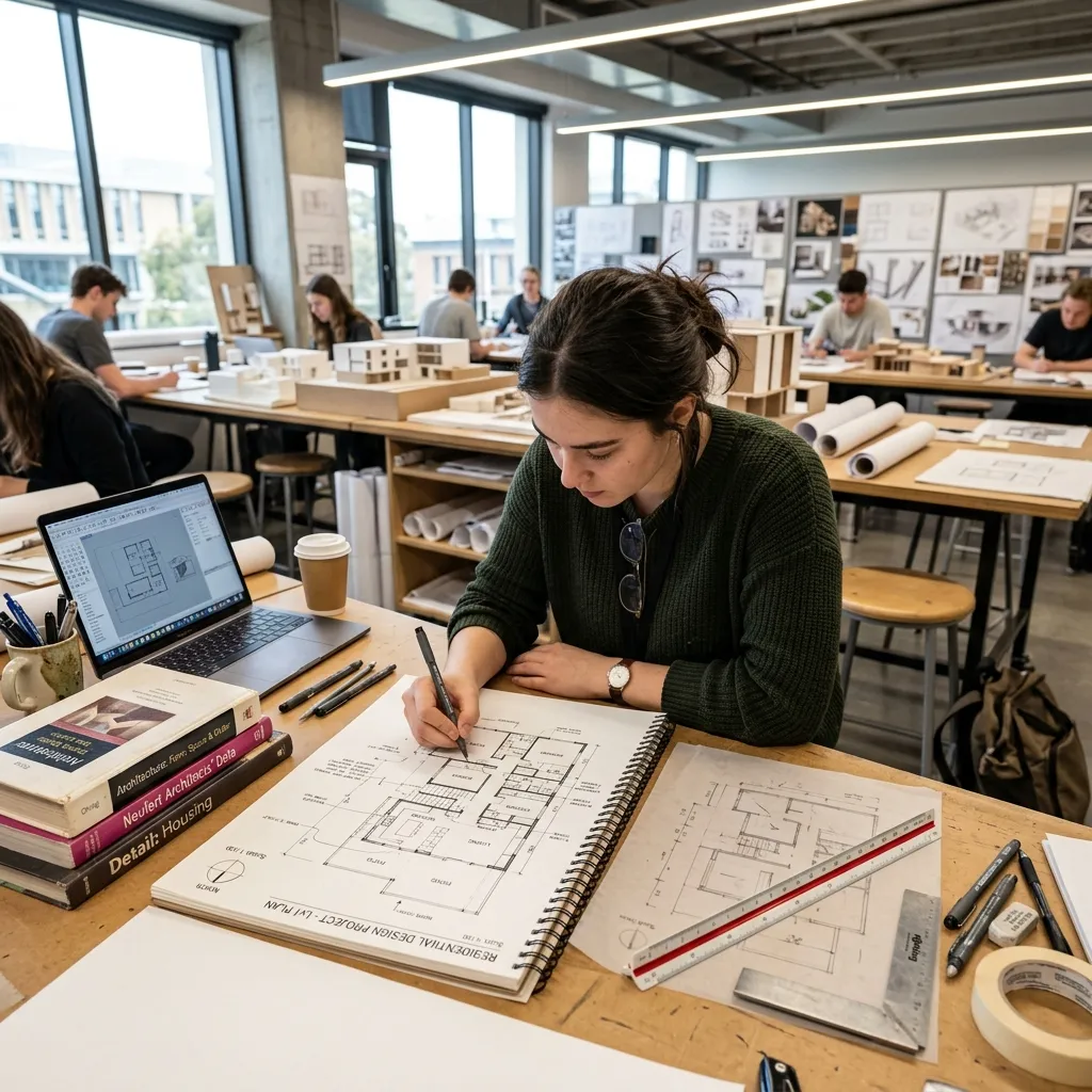 Studente di architettura che schizza planimetrie in un taccuino durante una lezione in studio all'università