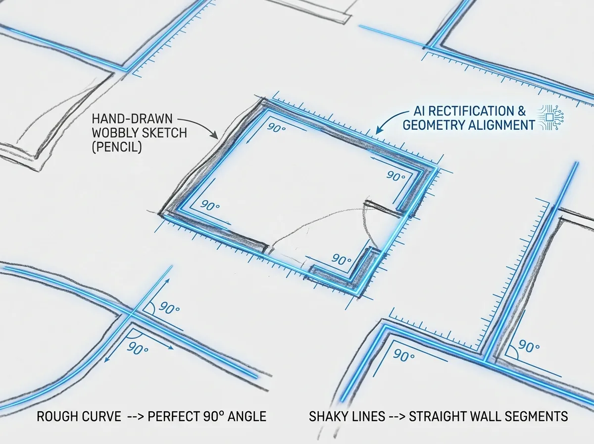 IA che elabora linee grezze disegnate a mano e le converte in segmenti di pareti architettoniche dritte