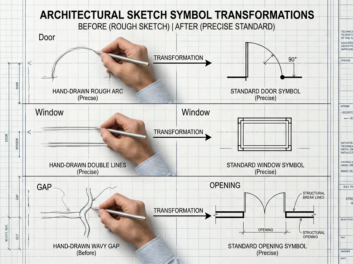 Simboli di porte e finestre disegnati a mano riconosciuti e convertiti in notazione architettonica standard