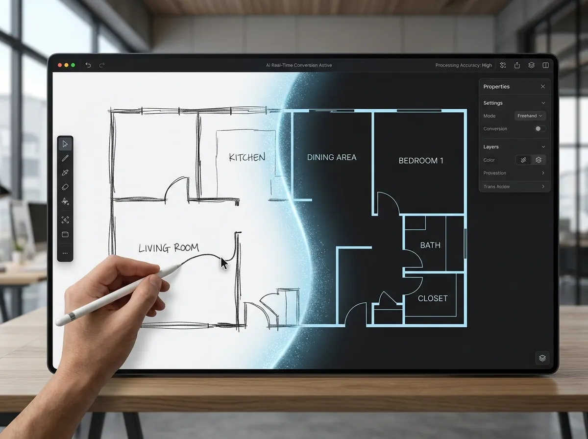 Interfaccia della tela digitale con una planimetria disegnata a mano convertita in tempo reale