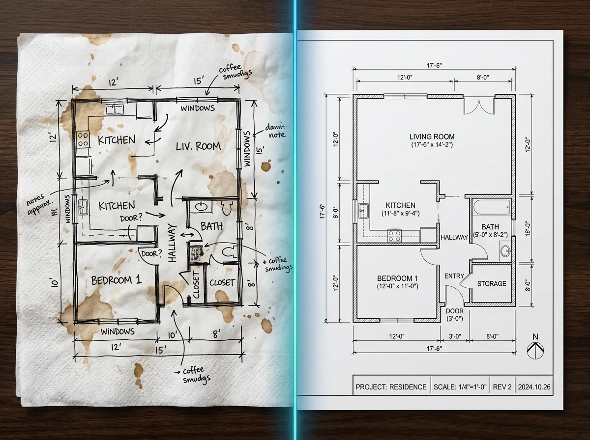 Schizzo su tovagliolo di un layout di appartamento convertito in una planimetria professionale dall'IA