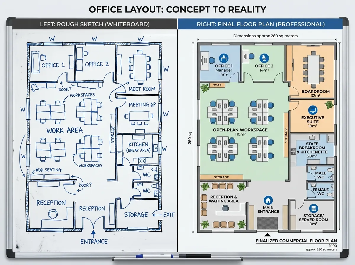 Schizzo di layout ufficio su lavagna convertito in una planimetria professionale tramite IA