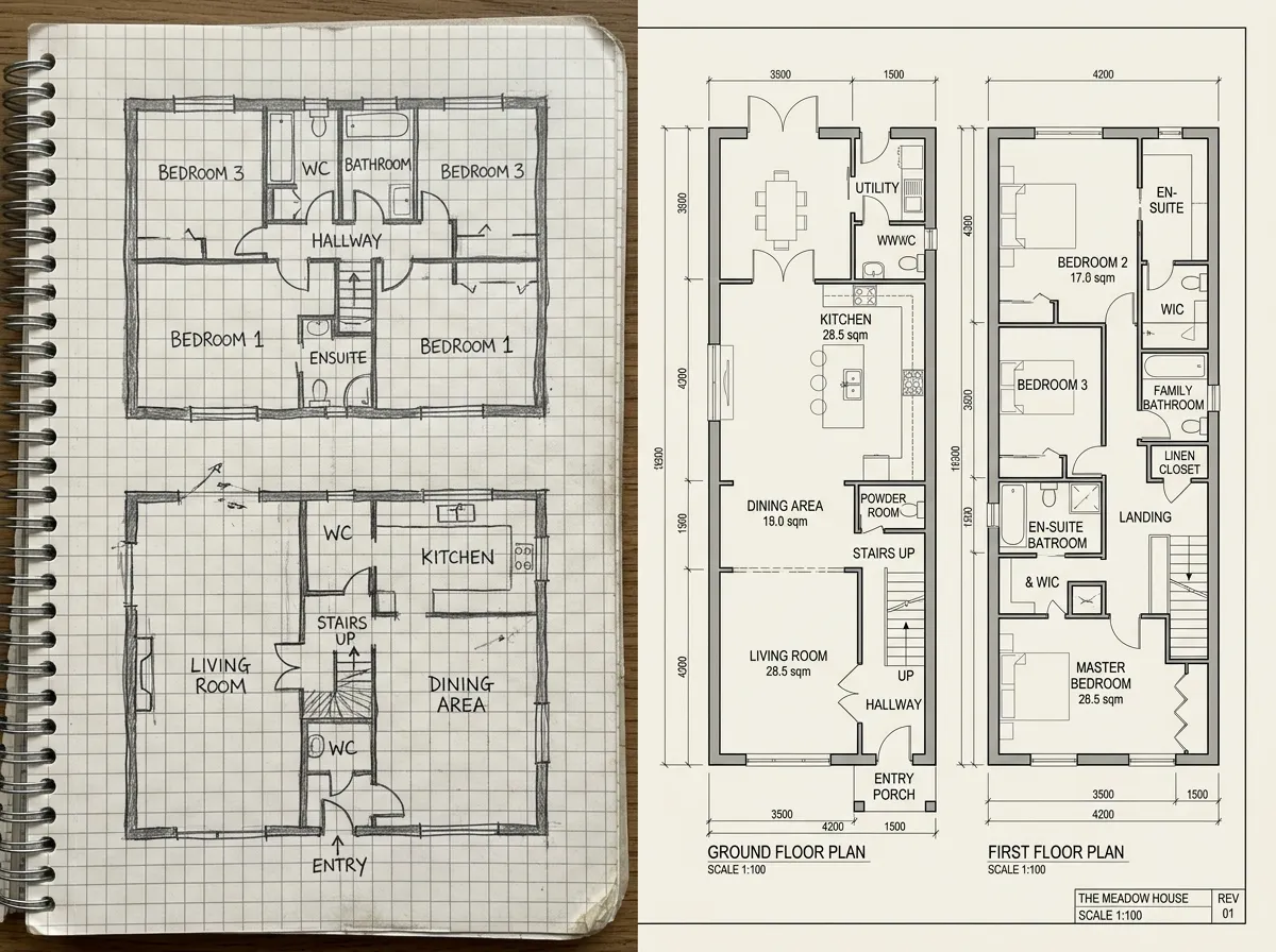 Schizzo di casa fatto a mano su taccuino convertito in una planimetria dettagliata da Sketch to Floor Plan AI