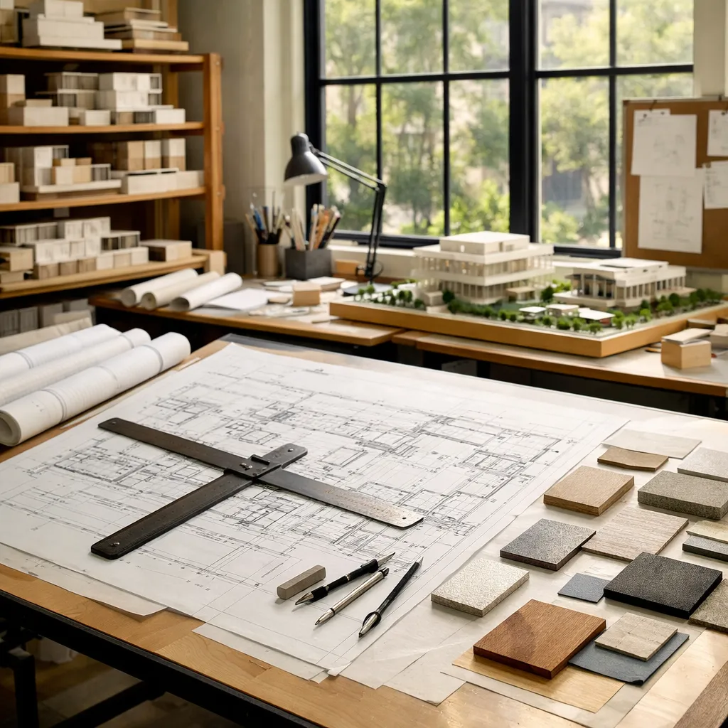 Professioneller Architekturstudio-Arbeitsplatz mit Blaupausen-Skizzen und Design-Tools für Skizze zu Render KI