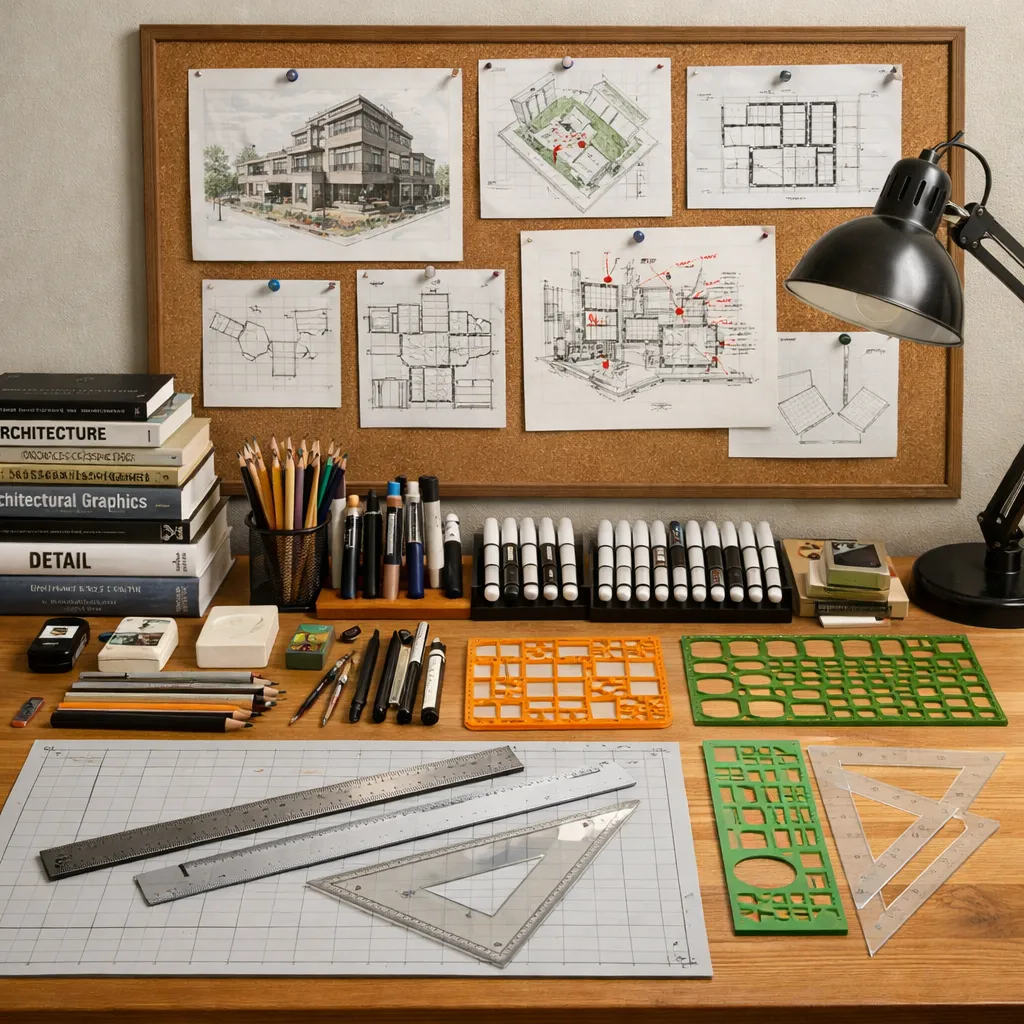 Schreibtisch eines Architekturstudenten mit Skizzen, Zeichenwerkzeugen und Projektmaterialien für KI-Rendering online kostenlos
