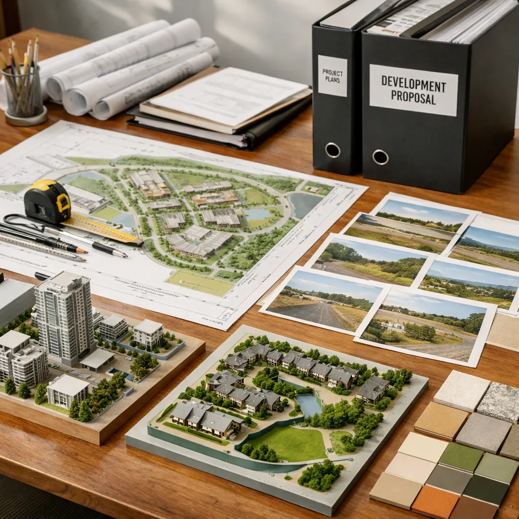 Planungstisch für Immobilienentwicklung mit Lageplänen, Modellen und Projektdokumentation für Skizze zu Render online