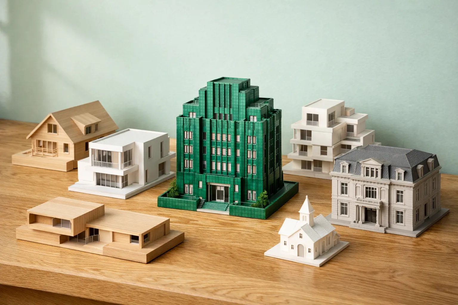 Showcase verschiedener Architektur-Rendering-Stile aus dem kostenlosen Online-Tool Skizze zu Render KI