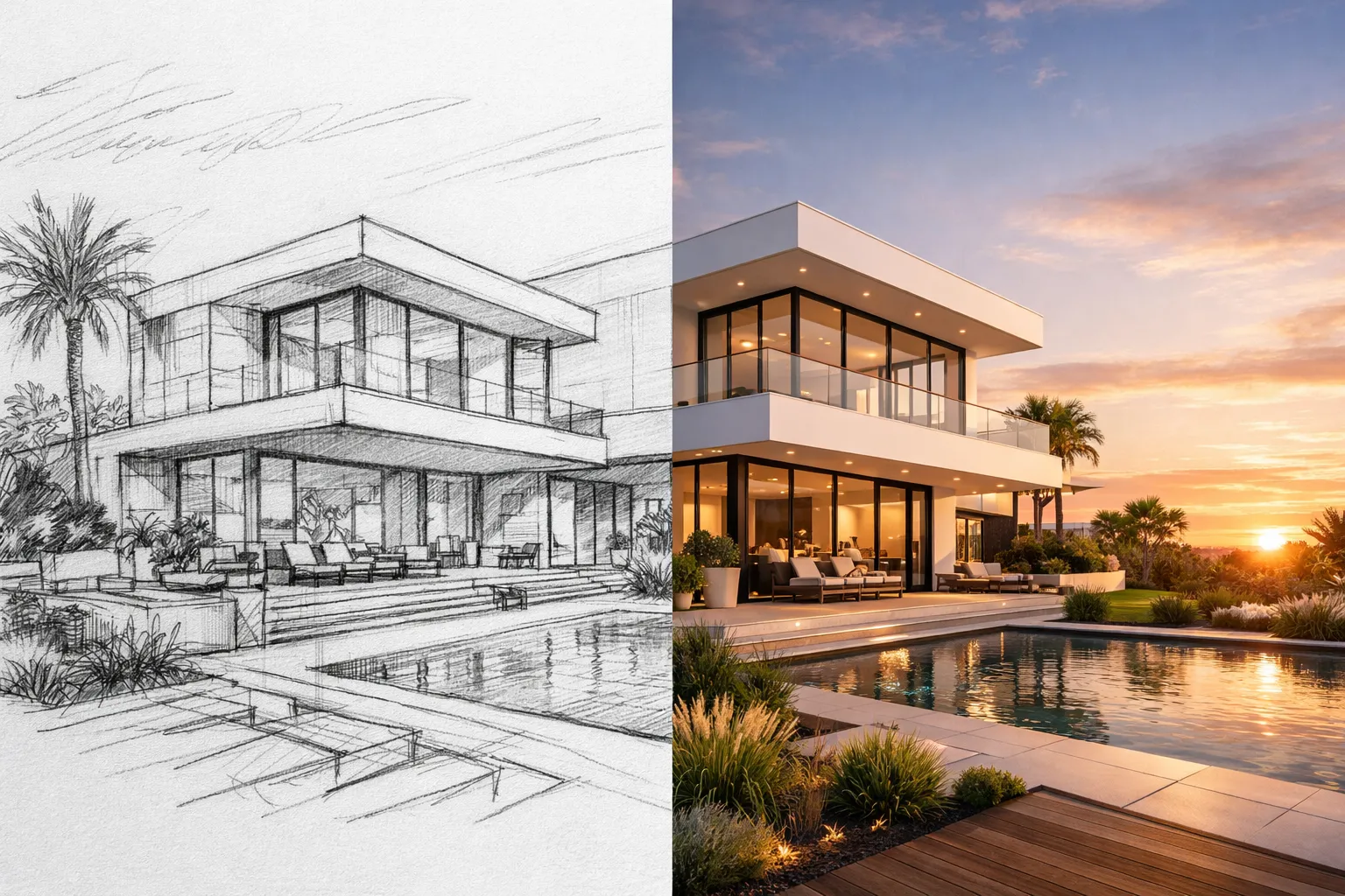 Architekturskizze einer modernen Villa in fotorealistisches 3D-Rendering umgewandelt mit KI-Rendering-Architektur-Tool