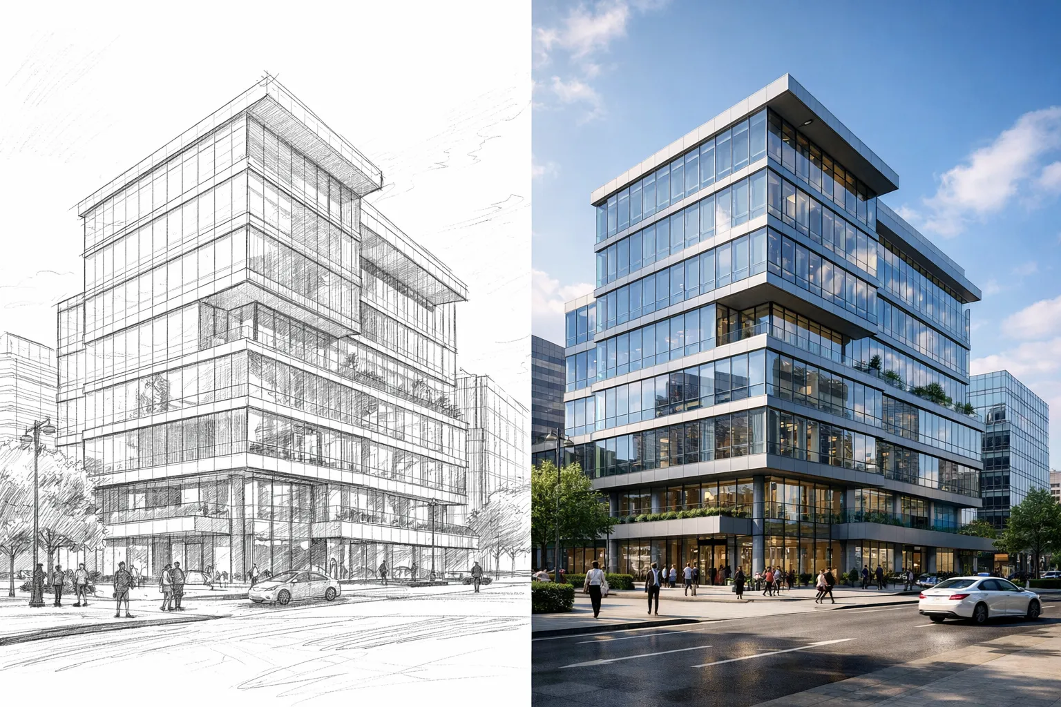 Geschäftsgebäude-Skizze zu Render online kostenlos zeigt Vorher-Nachher-KI-Architektur-Rendering