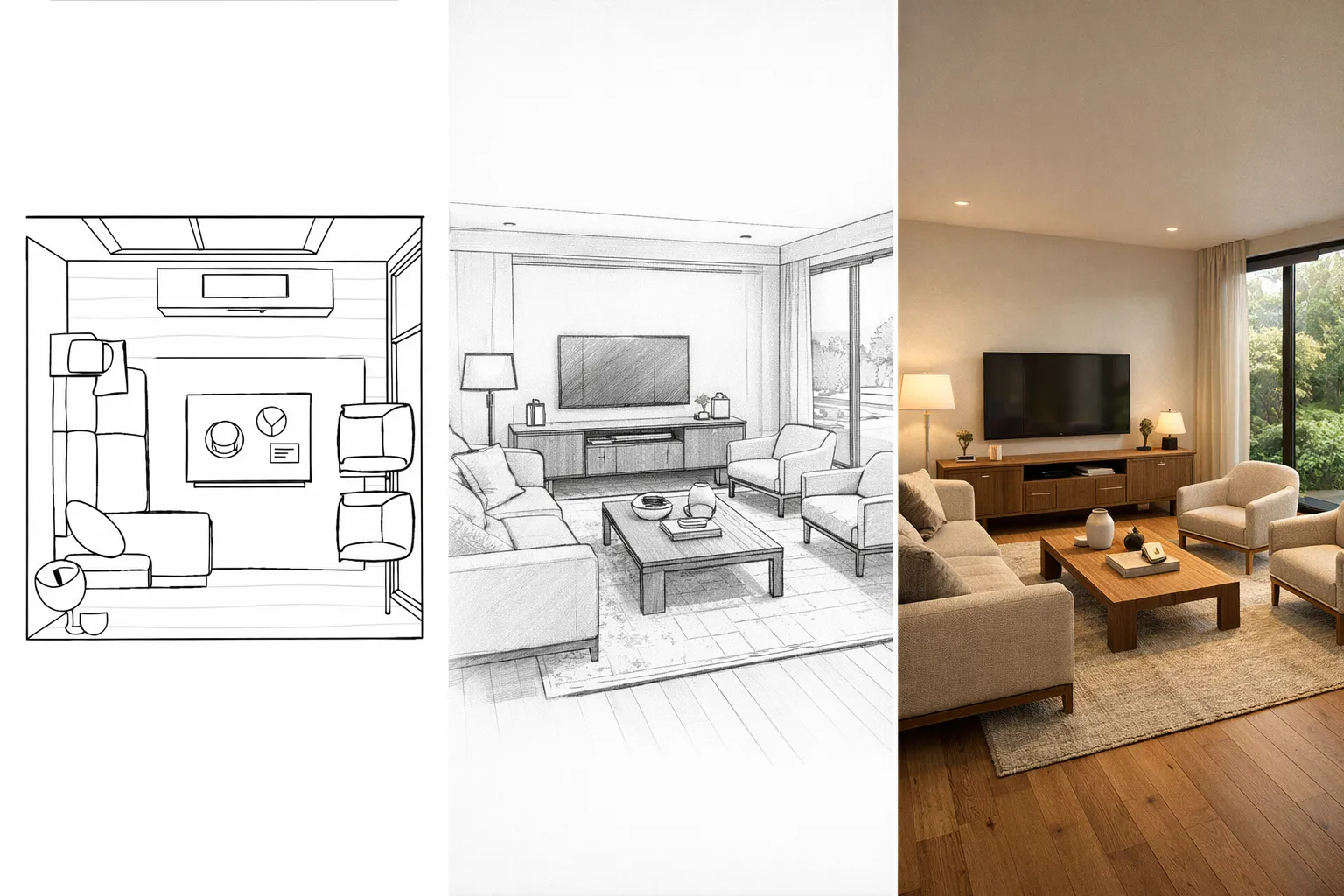 Innenarchitektur-Skizze zu Render KI zeigt fotorealistische Wohnzimmer-Visualisierung