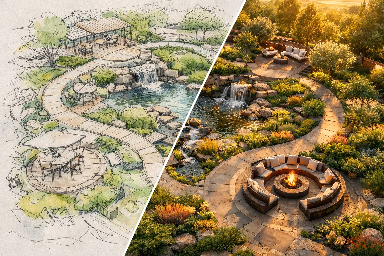 Landschaftsarchitektur-Skizze zu Render online mit fotorealistischer Garten-Visualisierung