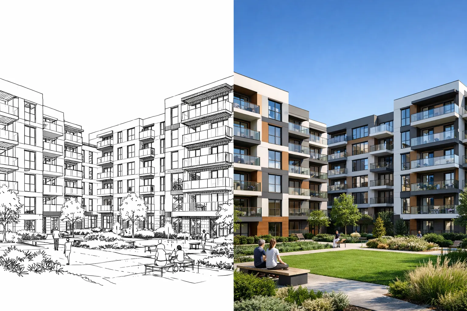 Architekturskizzen eines Wohnkomplexes umgewandelt mit KI-Render online kostenlosem Tool