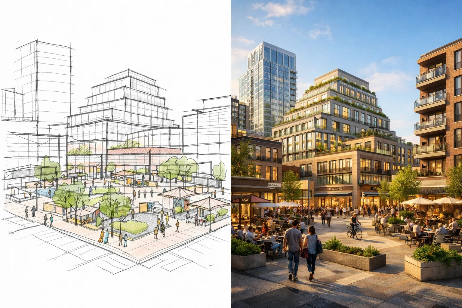 Stadtplanungs-Skizze zu Render KI zeigt fotorealistische Stadtentwicklungs-Visualisierung