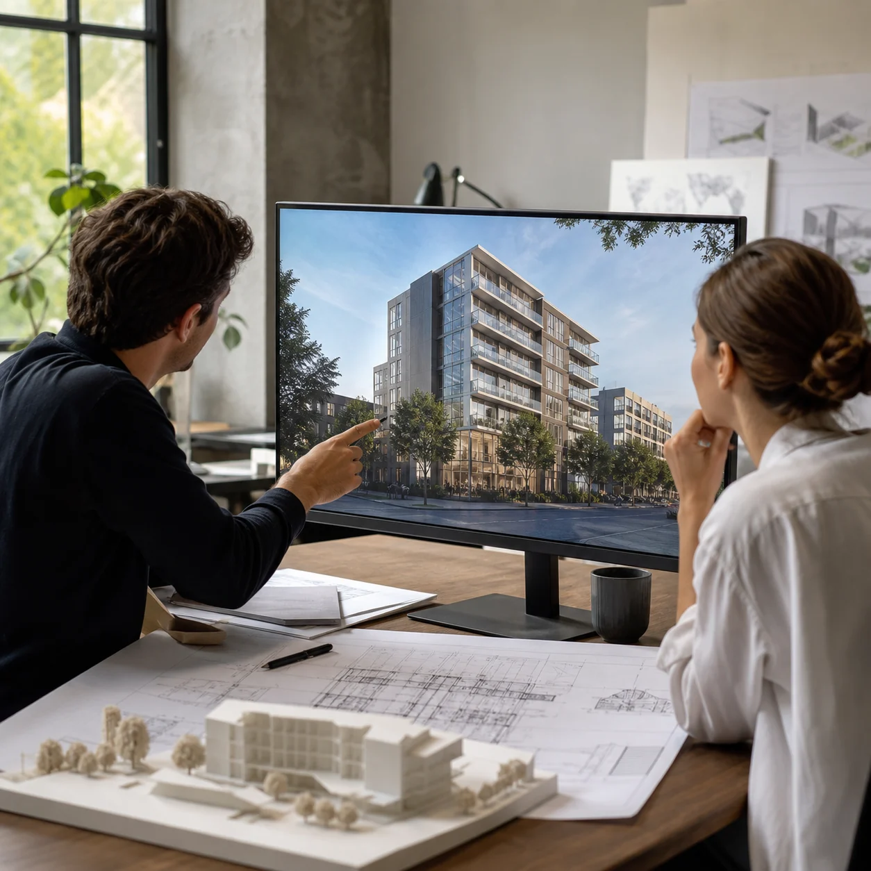 Architecture studio presenting an AI-generated render video to a client