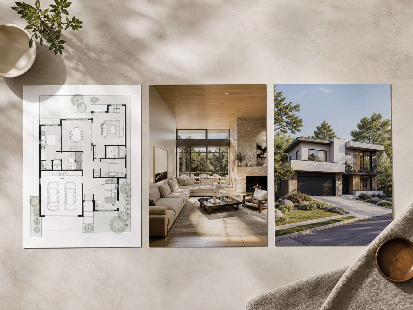 Floor plan, interior, and exterior renders side by side, all supported by the AI render video generator