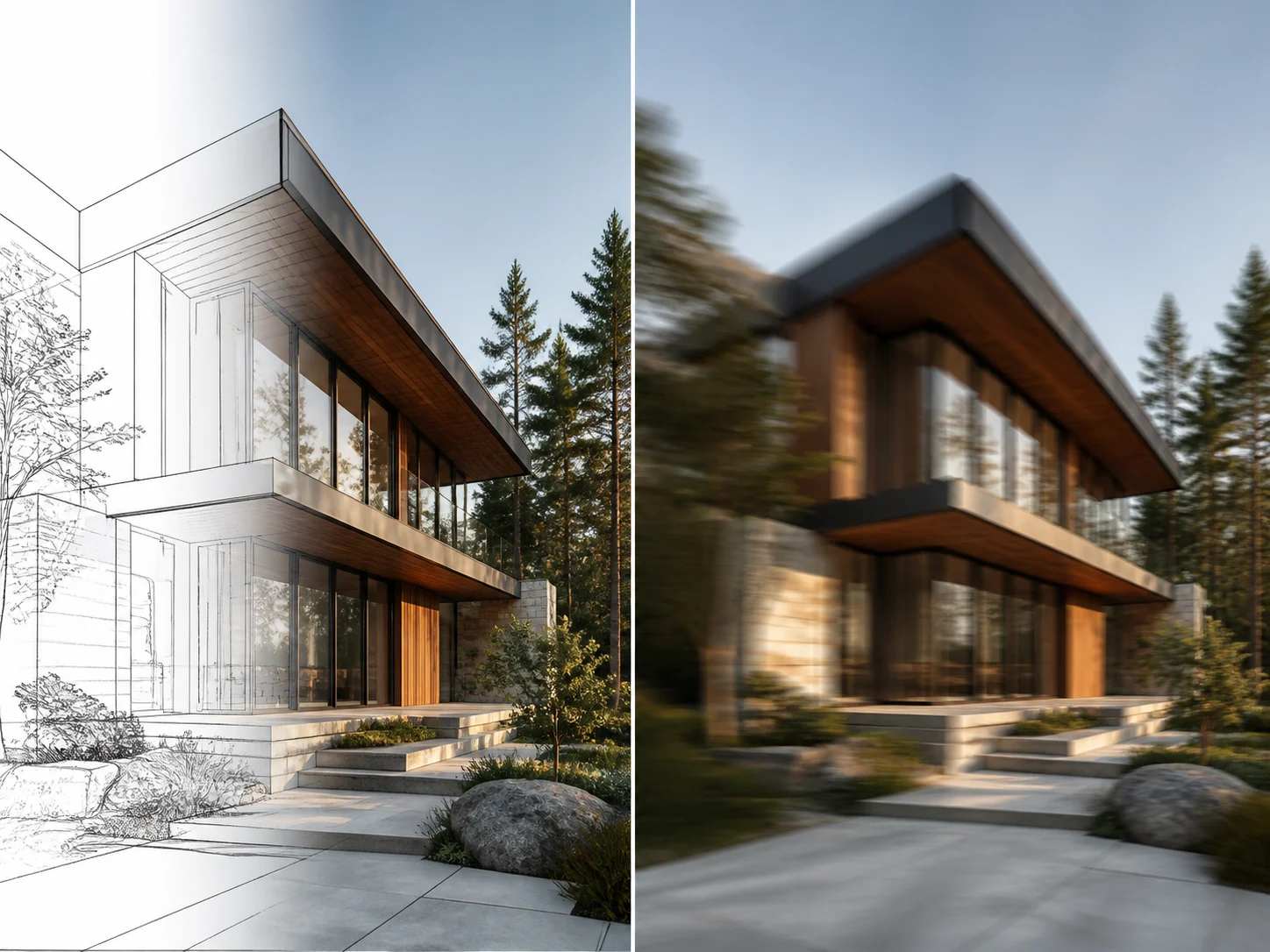 Split screen showing Transition mode blending two renders and Drone mode animating a single render