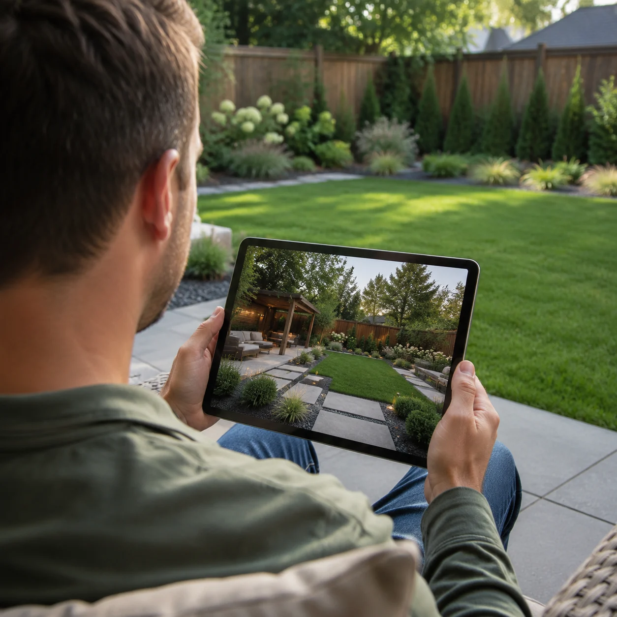 Homeowner viewing an AI yard design on a tablet in the backyard