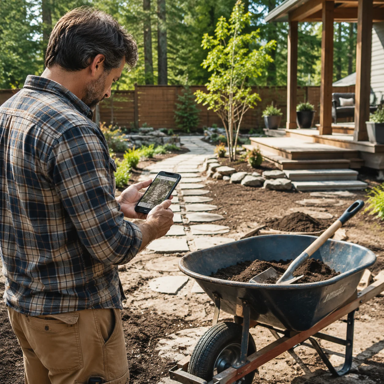 DIY landscaper checking a yard plan on a phone with tools nearby