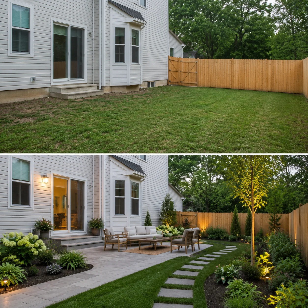 Before-and-after yard design for a home listing