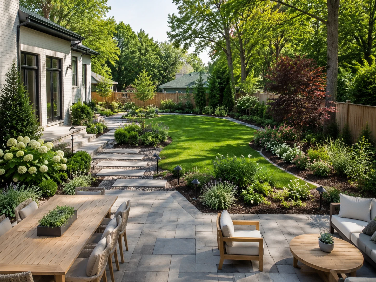 Yard design render showing lawn, beds, patio, and pathways together