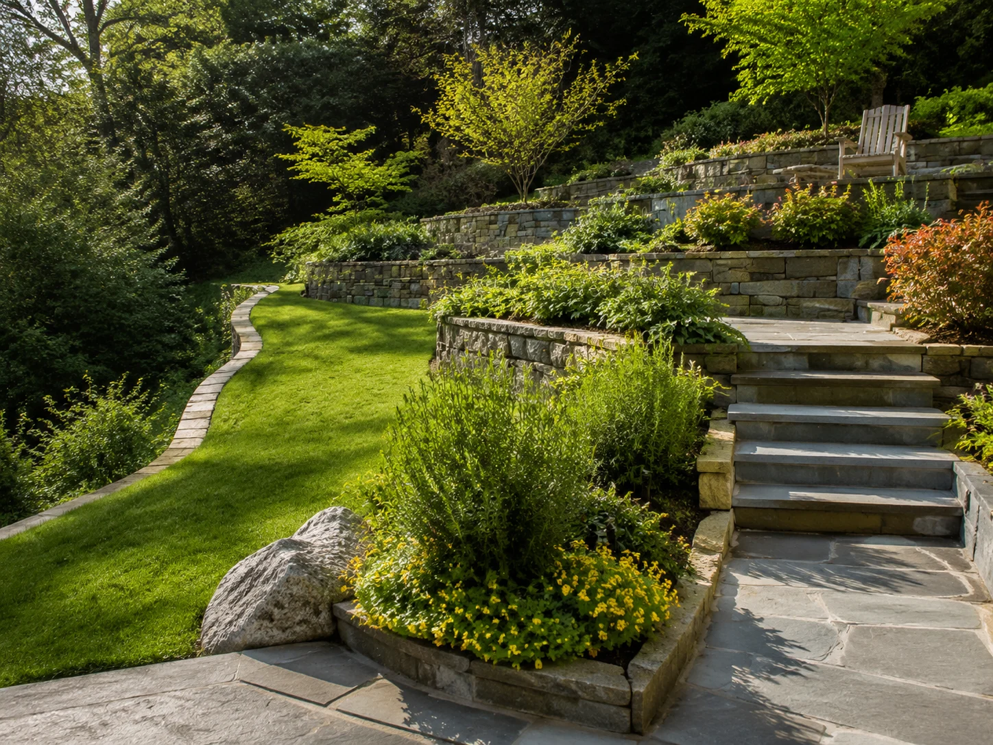 Sloped and irregular yard redesigned with terraces and steps
