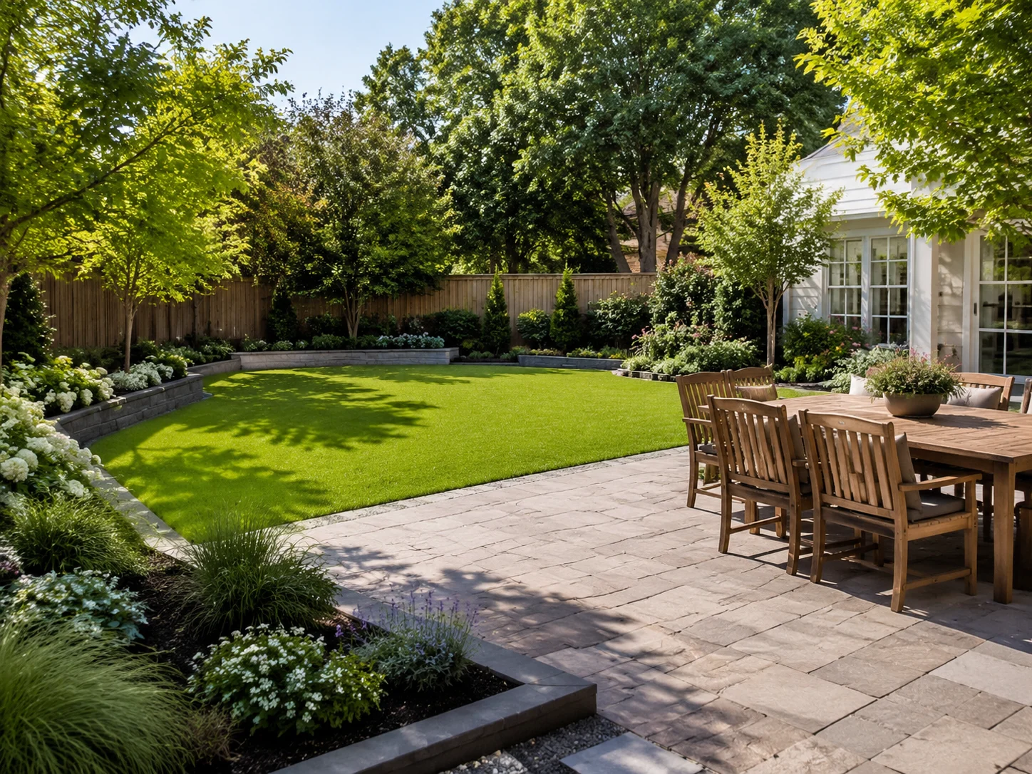 Backyard design with an open lawn and a paver patio dining area