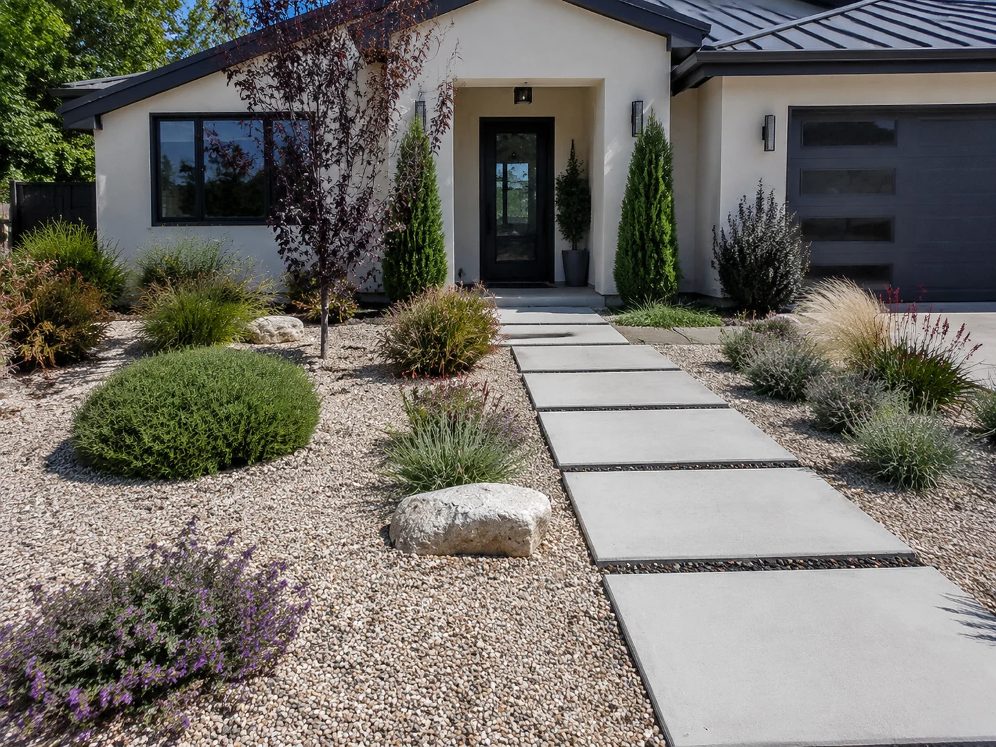 Front yard design with gravel, shrubs, and a path to the door