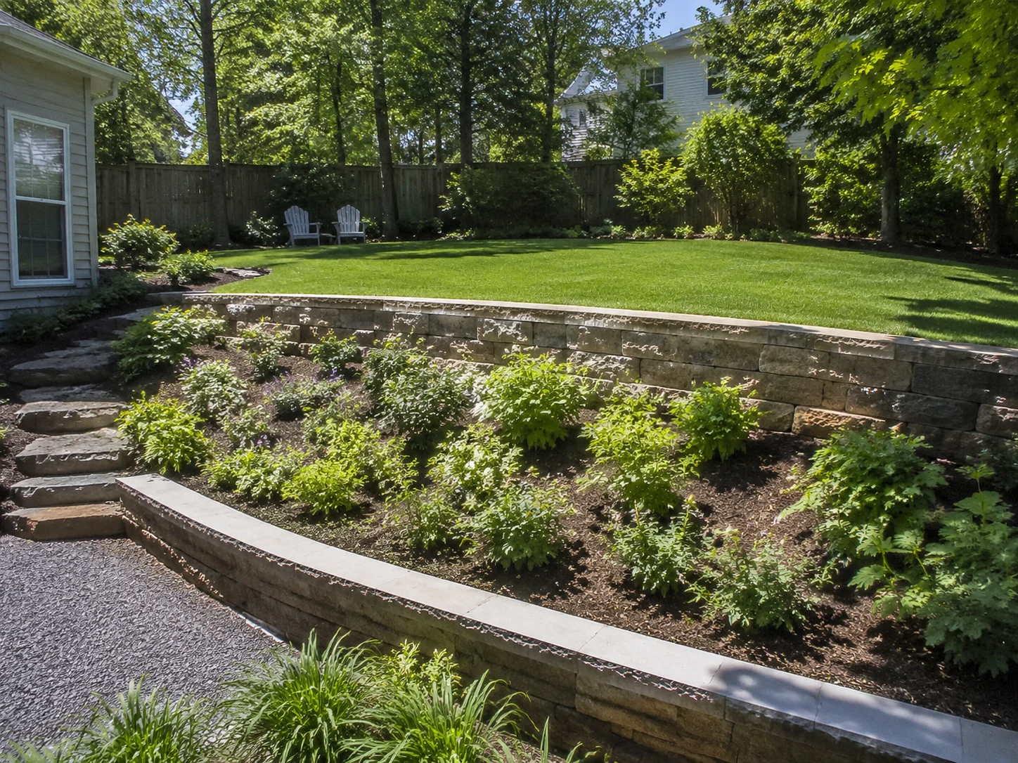 Sloped yard redesigned into two terraced levels with a retaining wall
