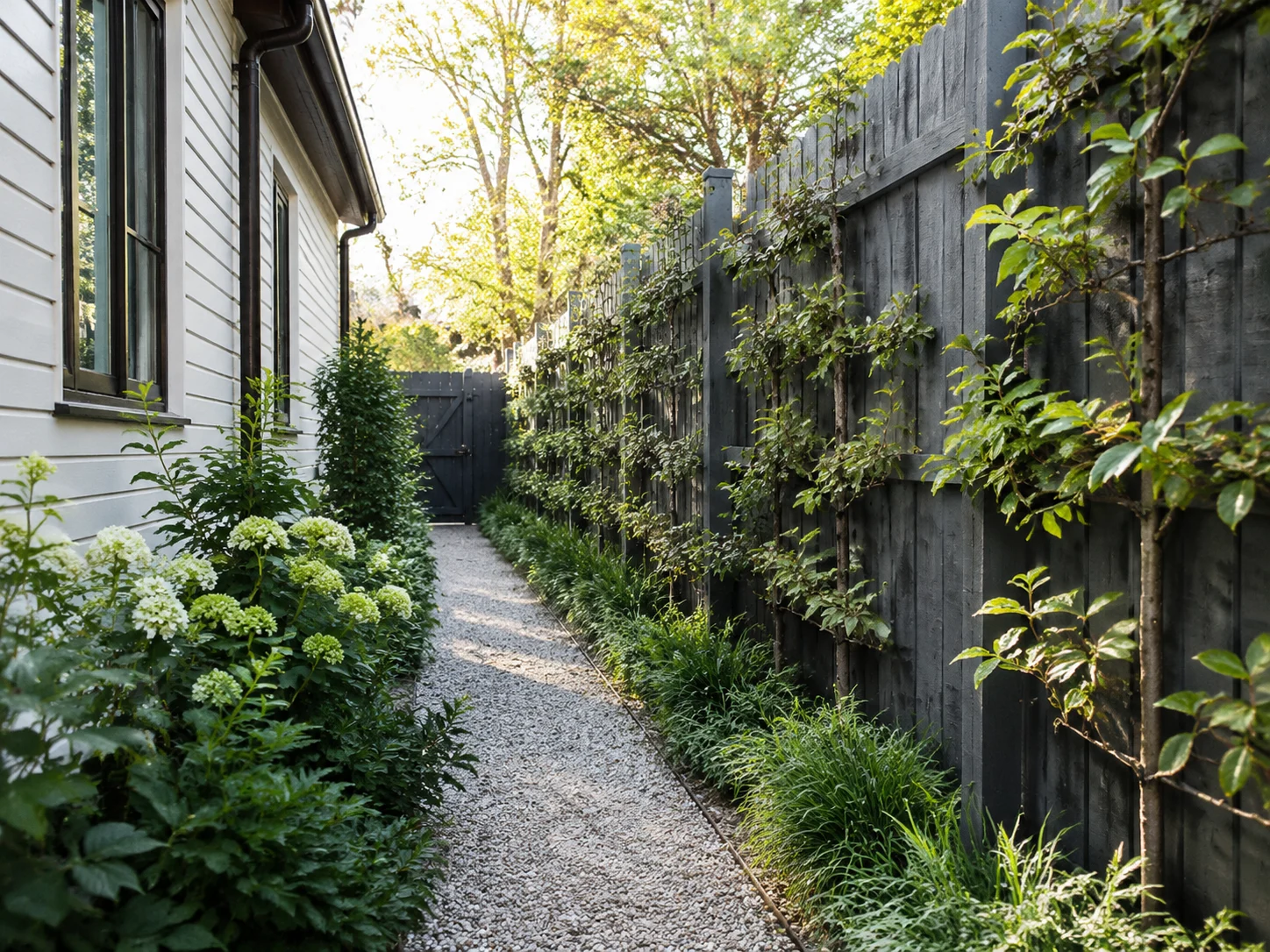 Narrow side yard with a gravel path and planting along the fence