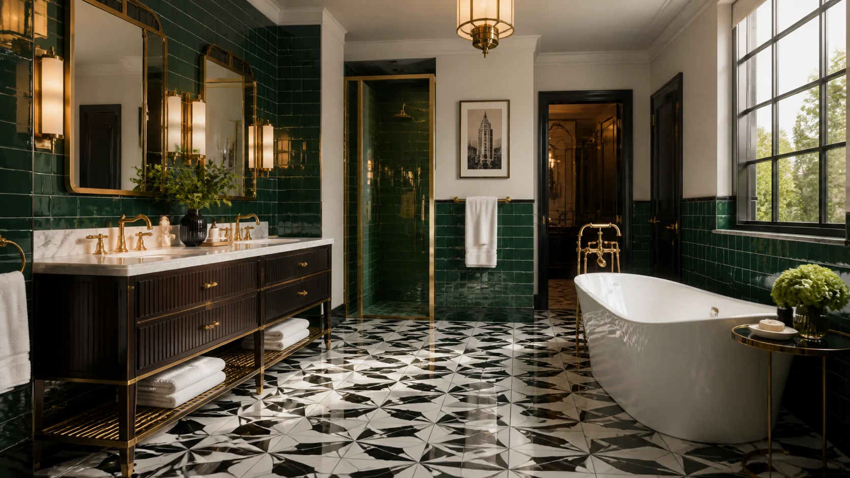 Luxuriöses Art Déco Badezimmer mit geometrischen Bodenfliesen und polierten Messingarmaturen