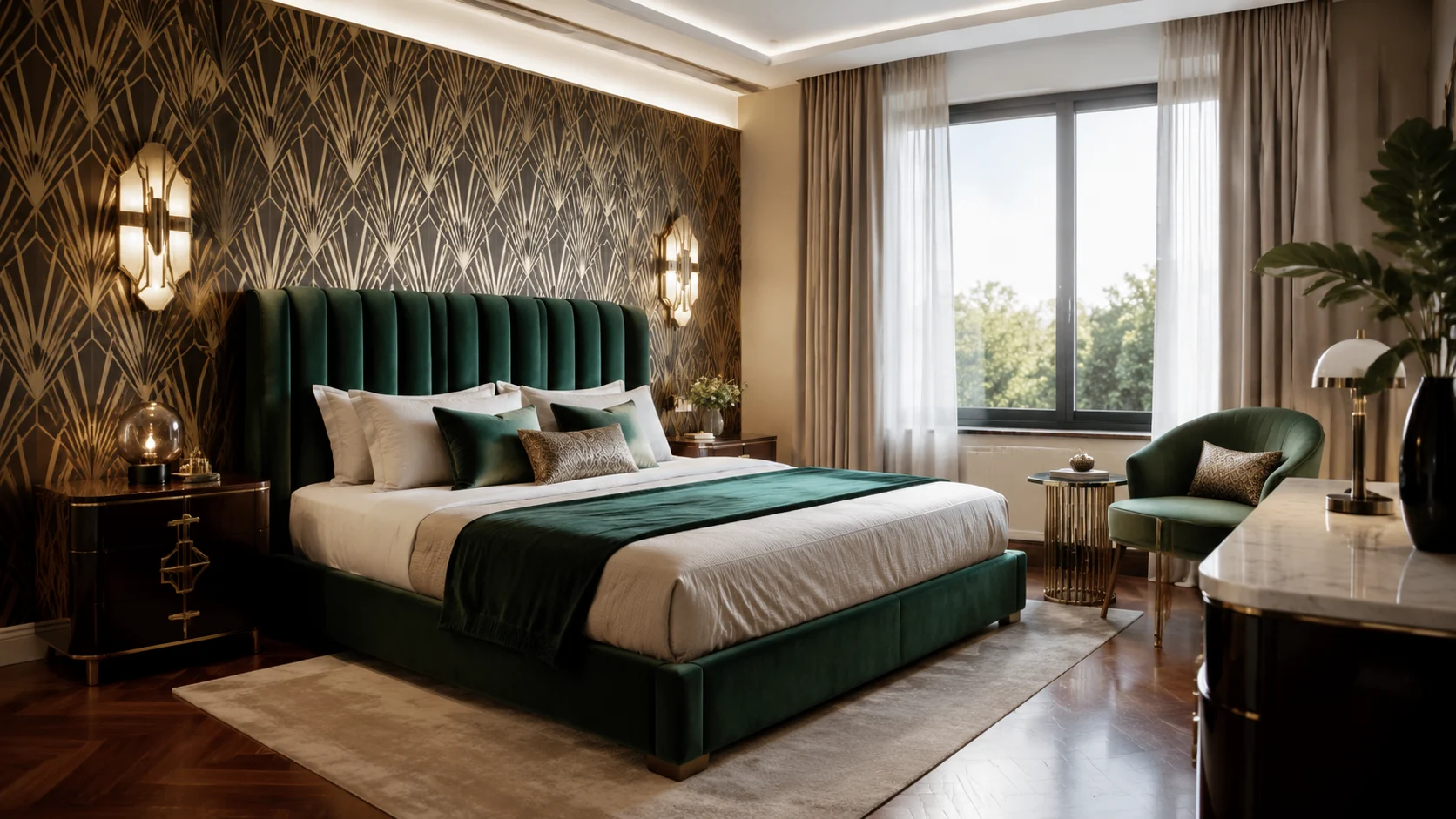 Luxuriöses Art Deco Schlafzimmer mit geometrischer Tapete und einem gepolsterten Samtkopfteil mit Längssteppung