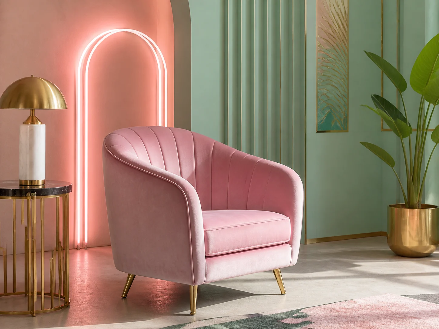 Pastel pink velvet armchair with neon accent lighting