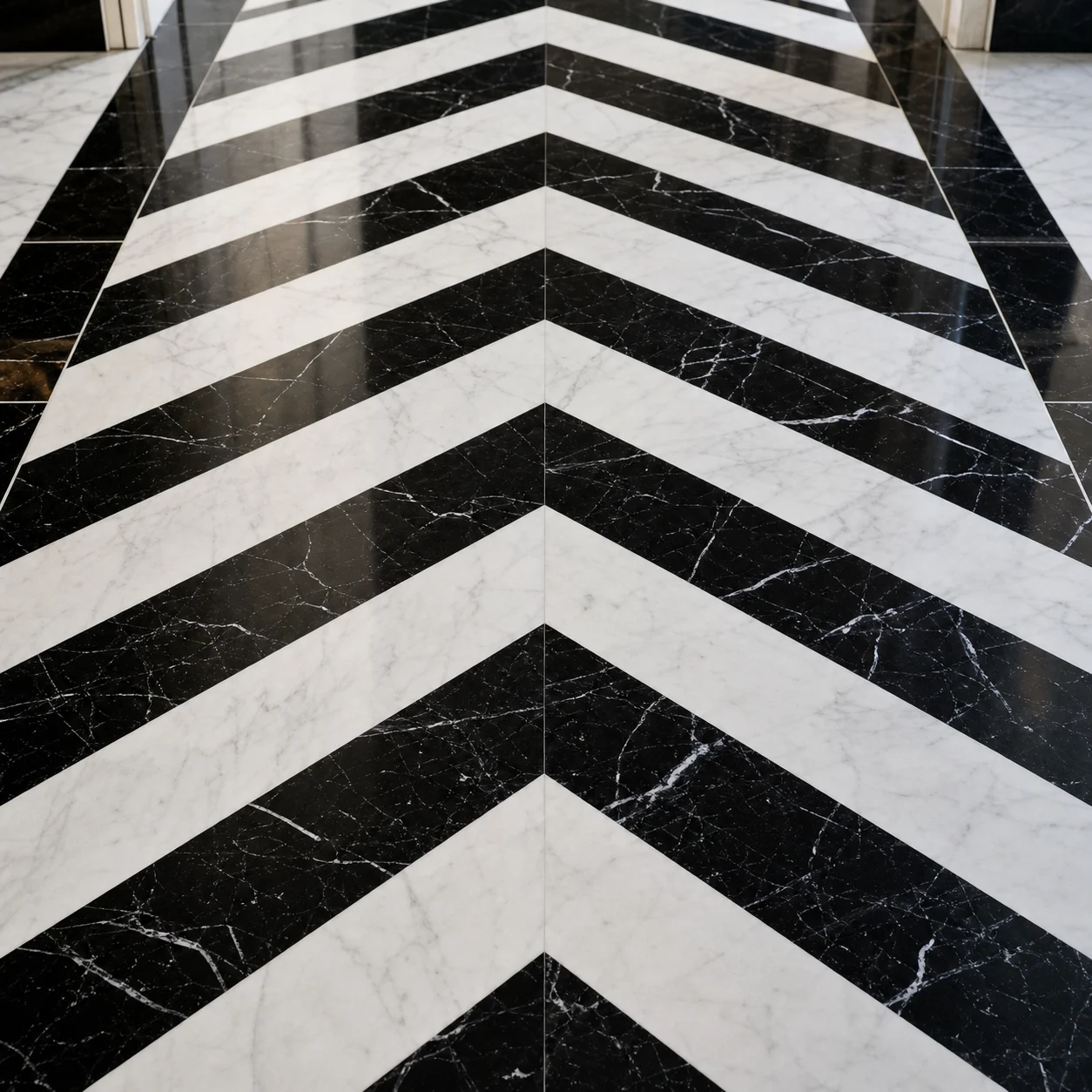 Black and white chevron marble floor