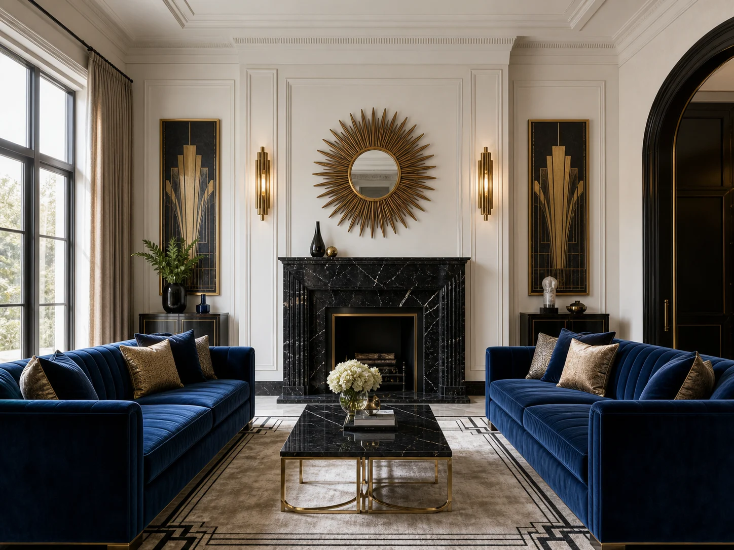 Symmetrical Art Deco living room with matching velvet sofas facing a central fireplace